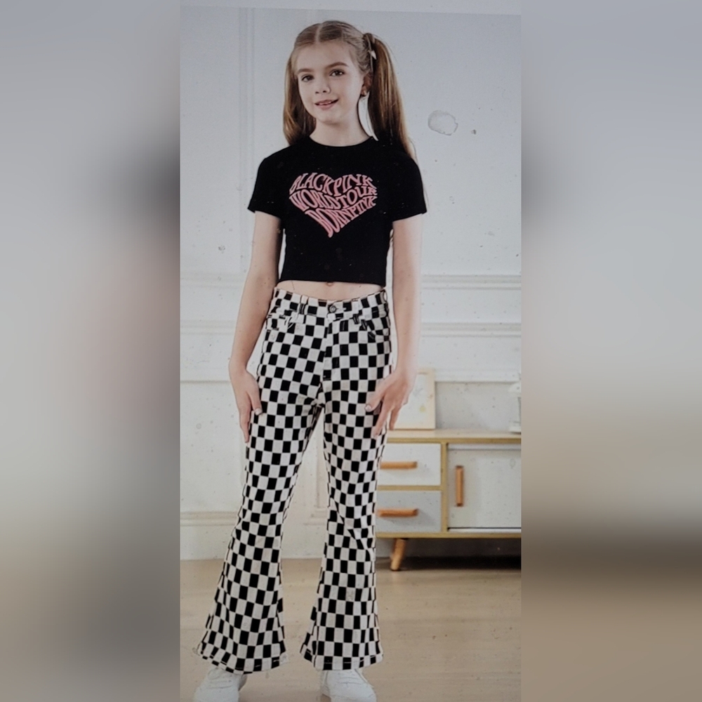 NwT. GIRLS stretch 70s bell bottom flare pants checkered size 10 - Picture 6 of 12